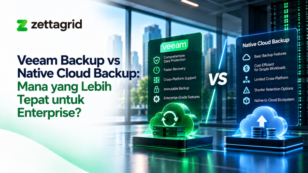 Ilustrasi perbandingan Veeam Backup dan Native Cloud Backup untuk perlindungan data enterprise